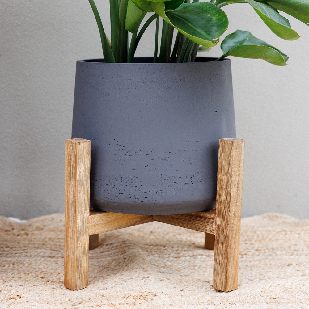 Textured Concrete Round Indoor Planter With Wooden Stand