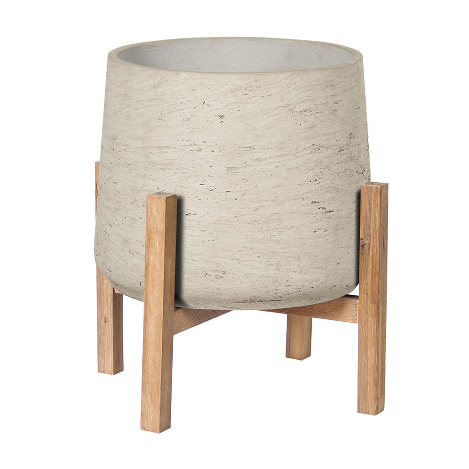 Textured Concrete Round Planter With Wooden Stand