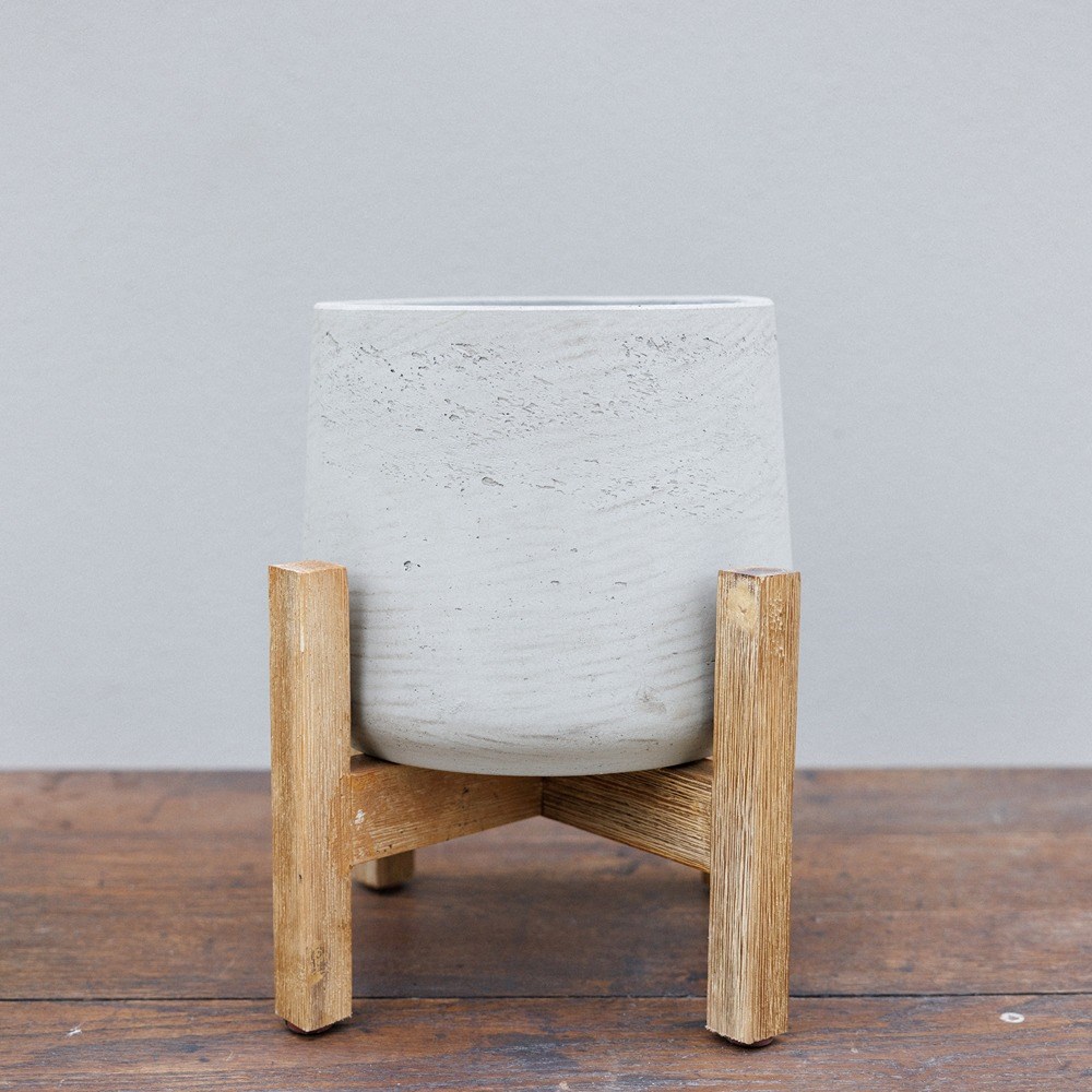 Textured Concrete Round Indoor Planter With Wooden Stand