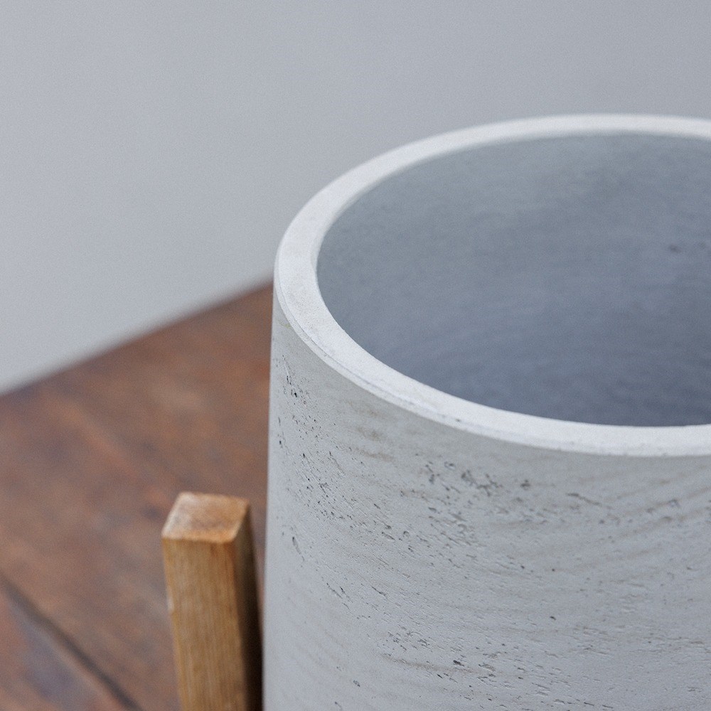 Textured Concrete Round Indoor Planter With Wooden Stand
