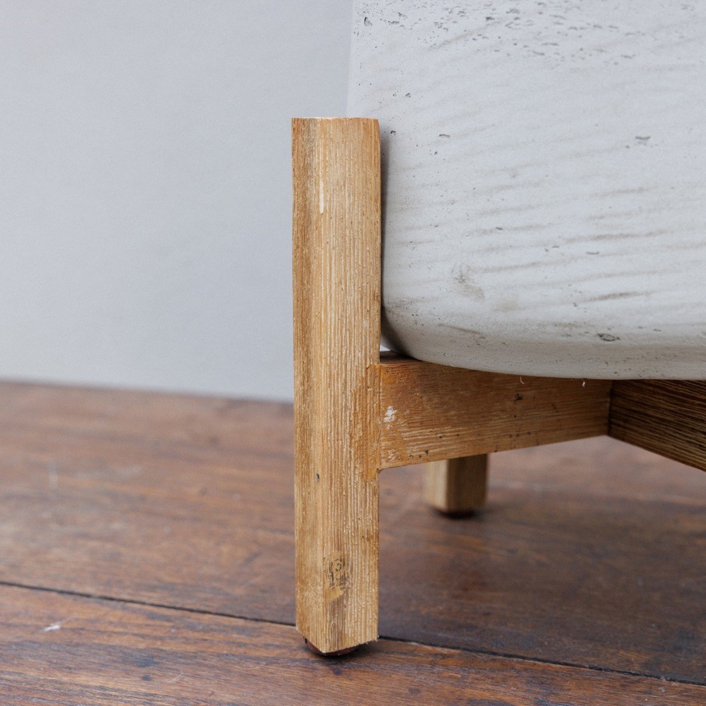 Textured Concrete Round Indoor Planter With Wooden Stand