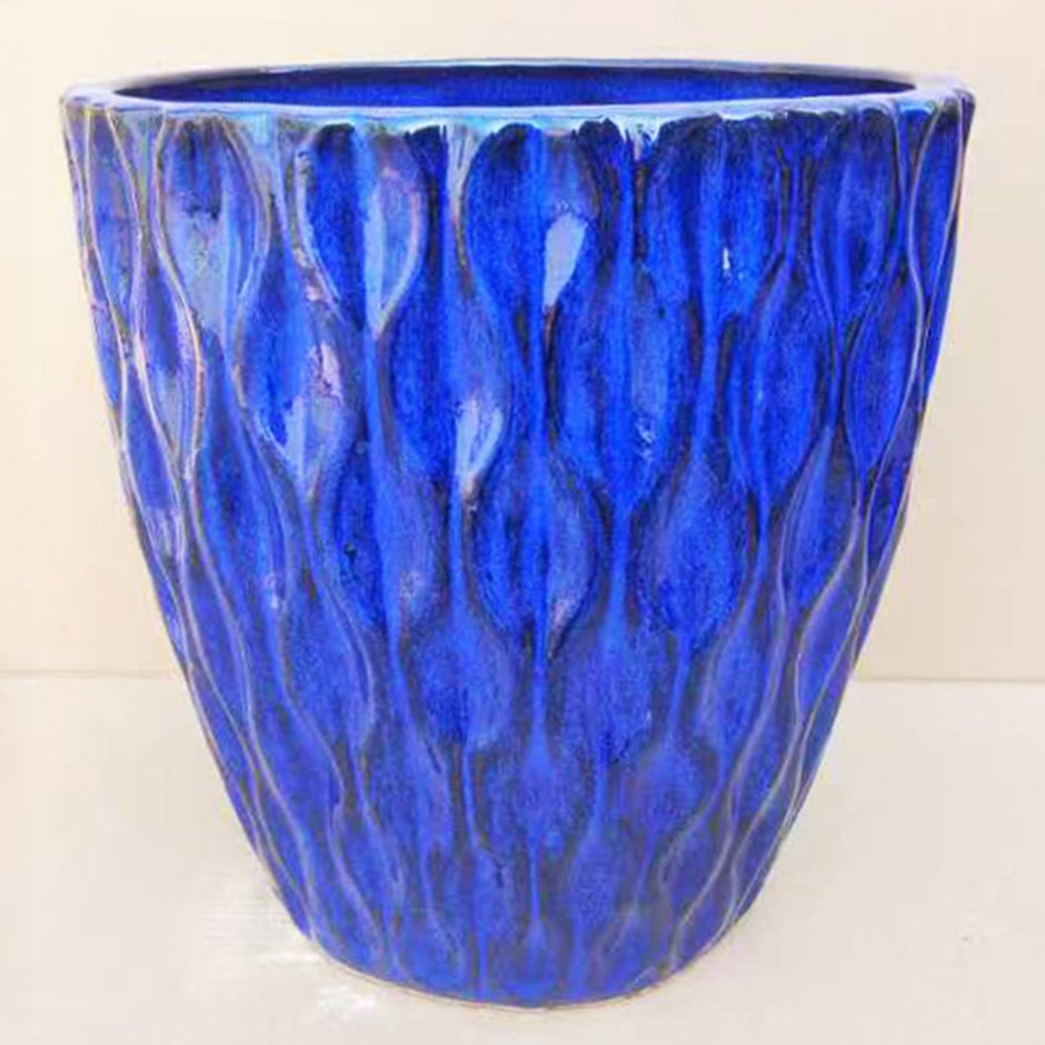 Blue Glazed Petal Effect Round Planter