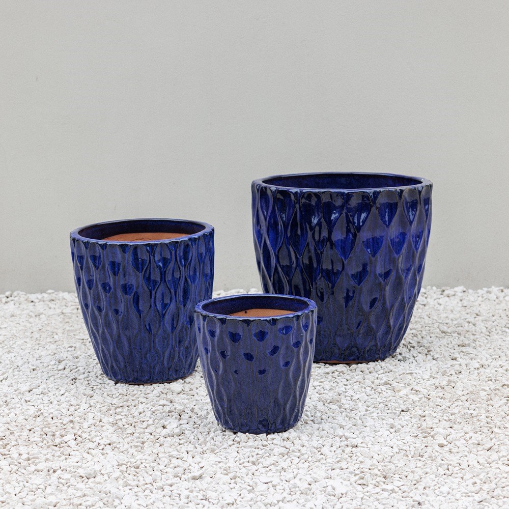 Blue Glazed Petal Effect Round Planter