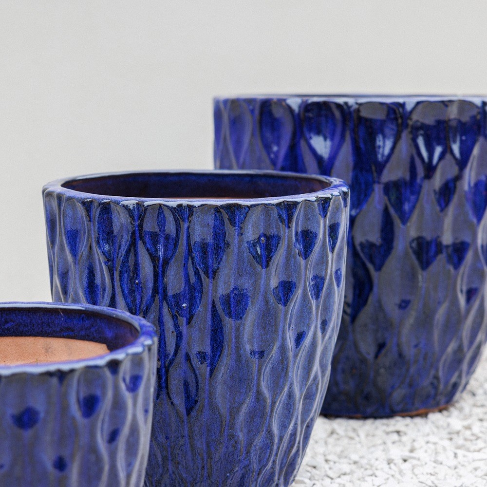 Blue Glazed Petal Effect Round Planter