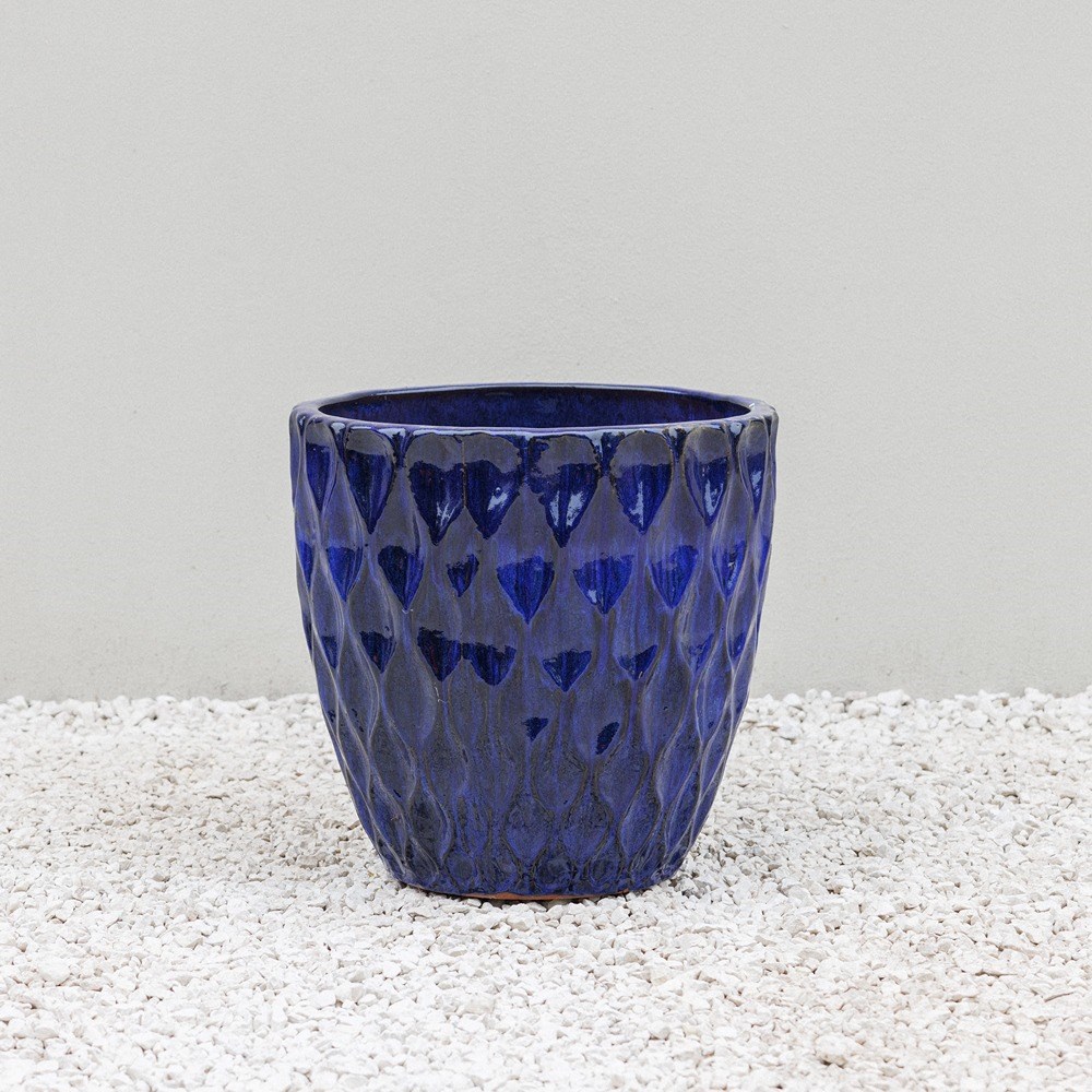 Blue Glazed Petal Effect Round Planter