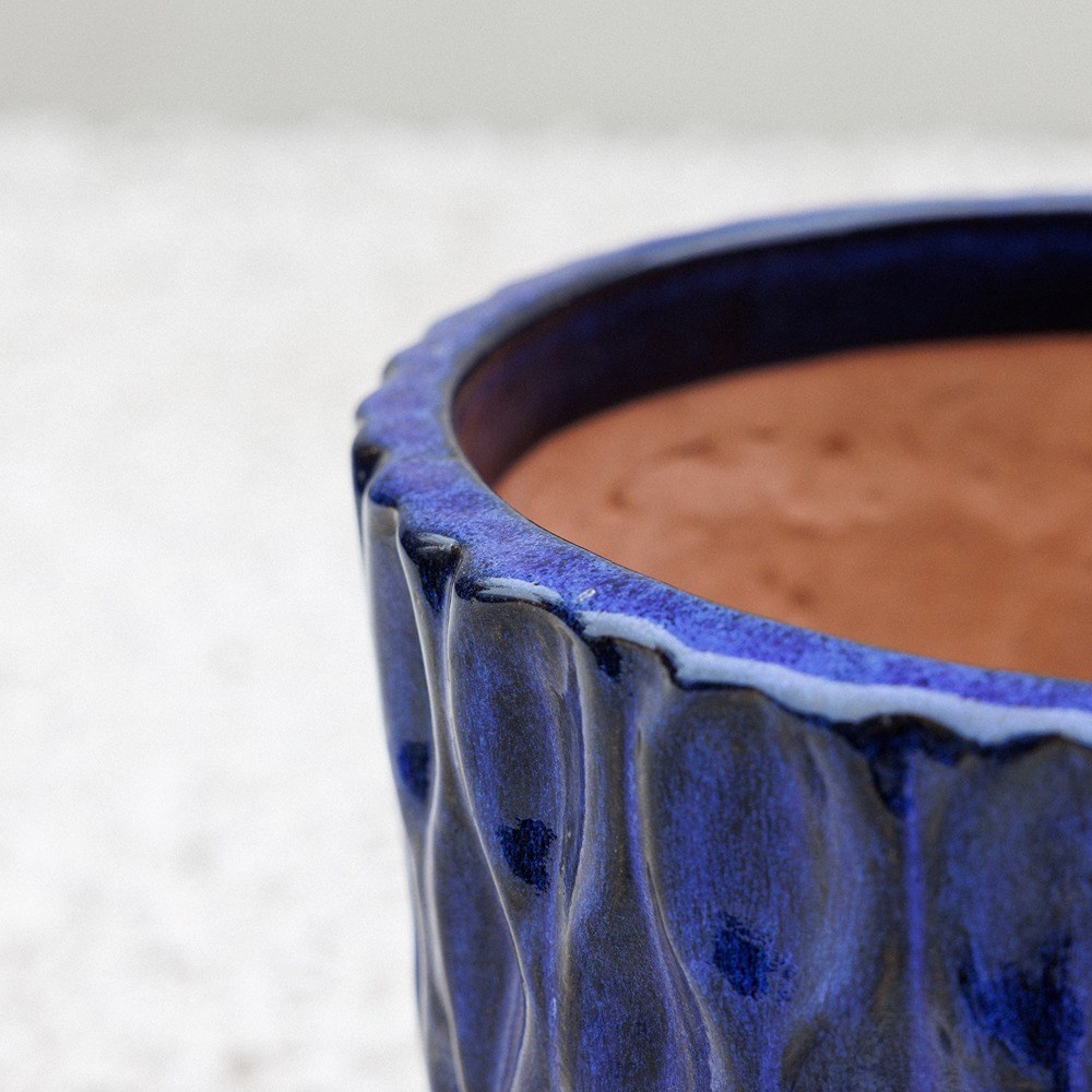 Blue Glazed Petal Effect Round Planter
