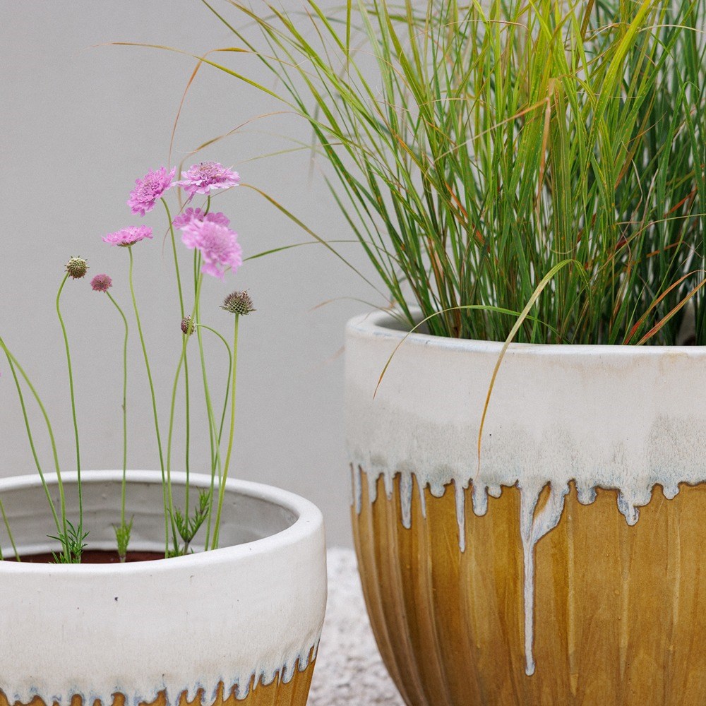 Yellow Ribbed Two-Tone Glazed Round Planter