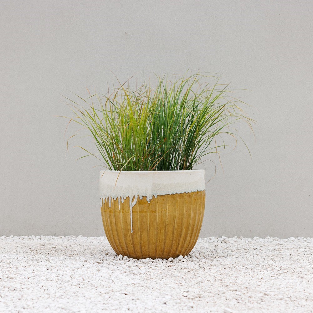Yellow Ribbed Two-Tone Glazed Round Planter