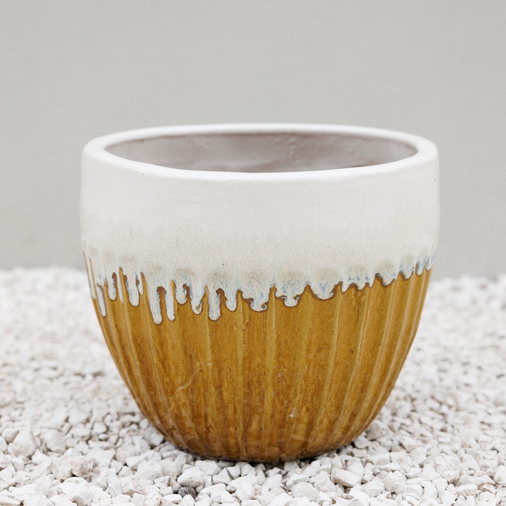 Yellow Ribbed Two-Tone Glazed Round Planter