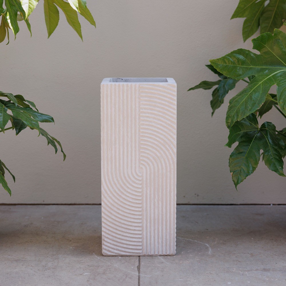 White Ribbed Swirl Tall Square Planter