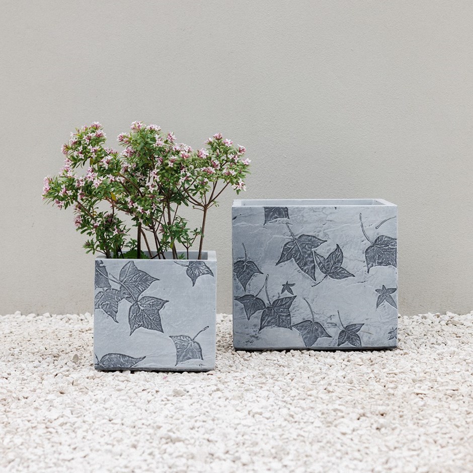 Grey Stone Effect Leaf Pattern Cube Planter
