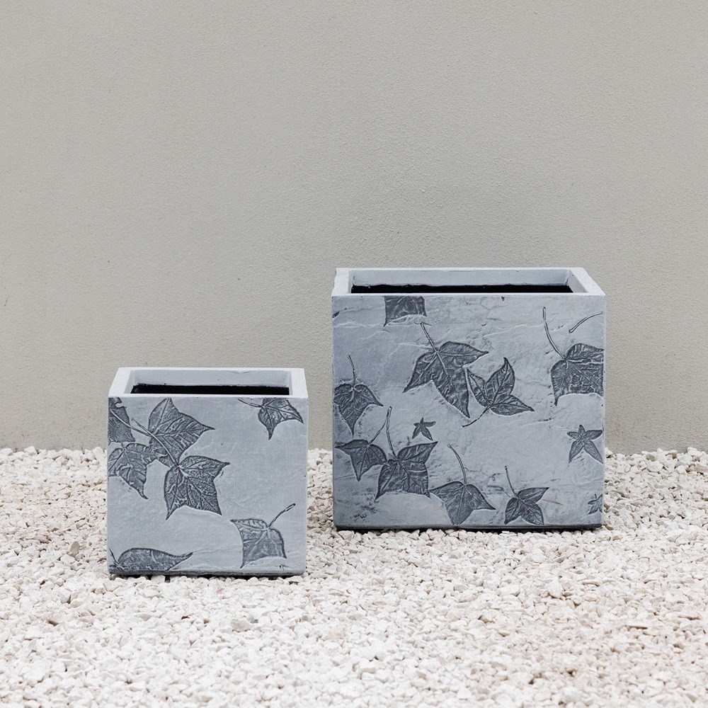 Grey Stone Effect Leaf Pattern Cube Planter