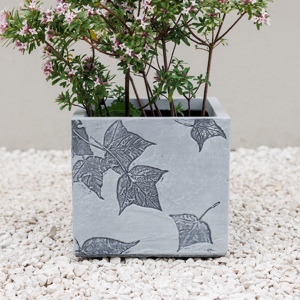 Grey Stone Effect Leaf Pattern Cube Planter