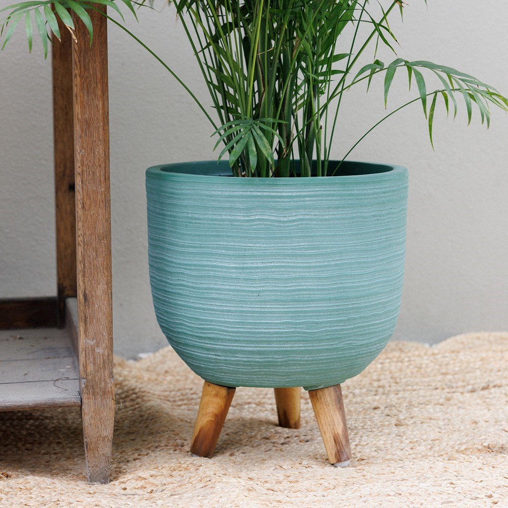 Blue Textured Round Indoor Planter With Legs