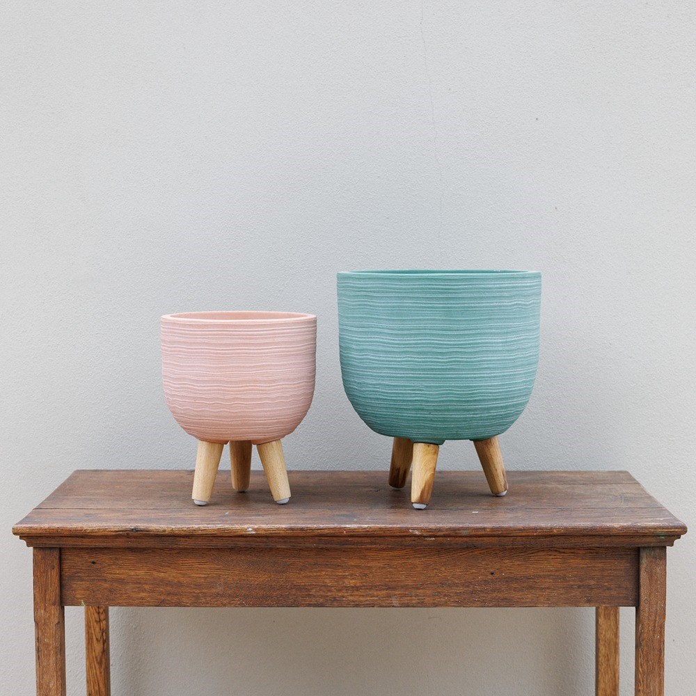 Blue Textured Round Indoor Planter With Legs