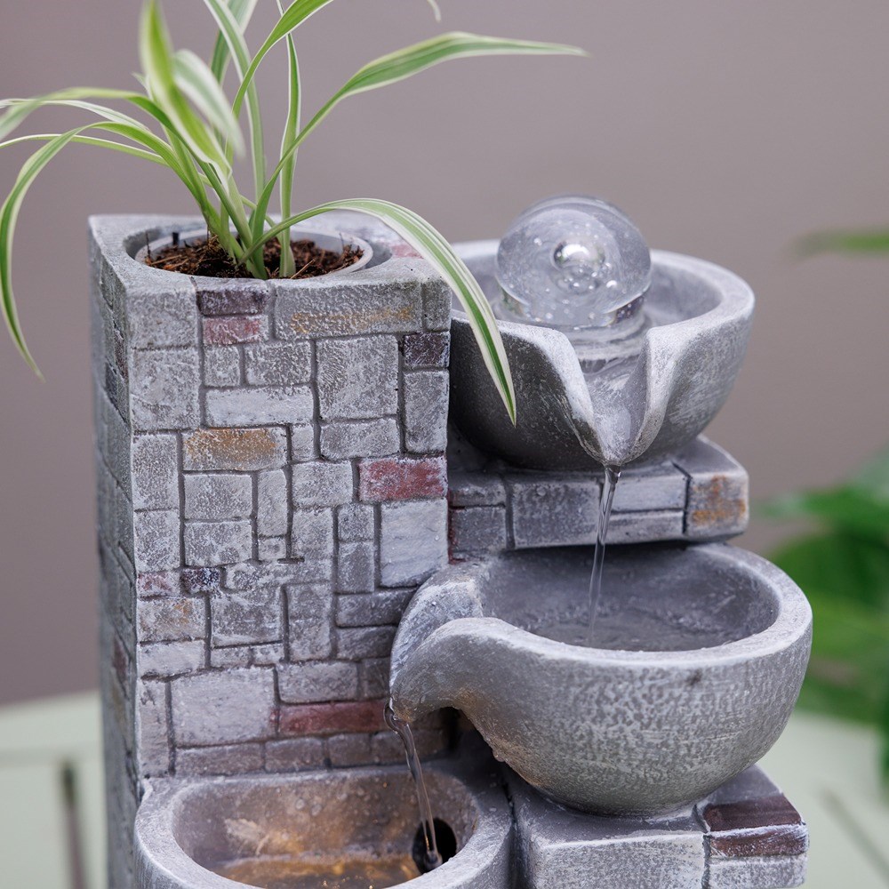 Rustic Cascading Bowls Tabletop Water Feature With Sphere & LED Lights