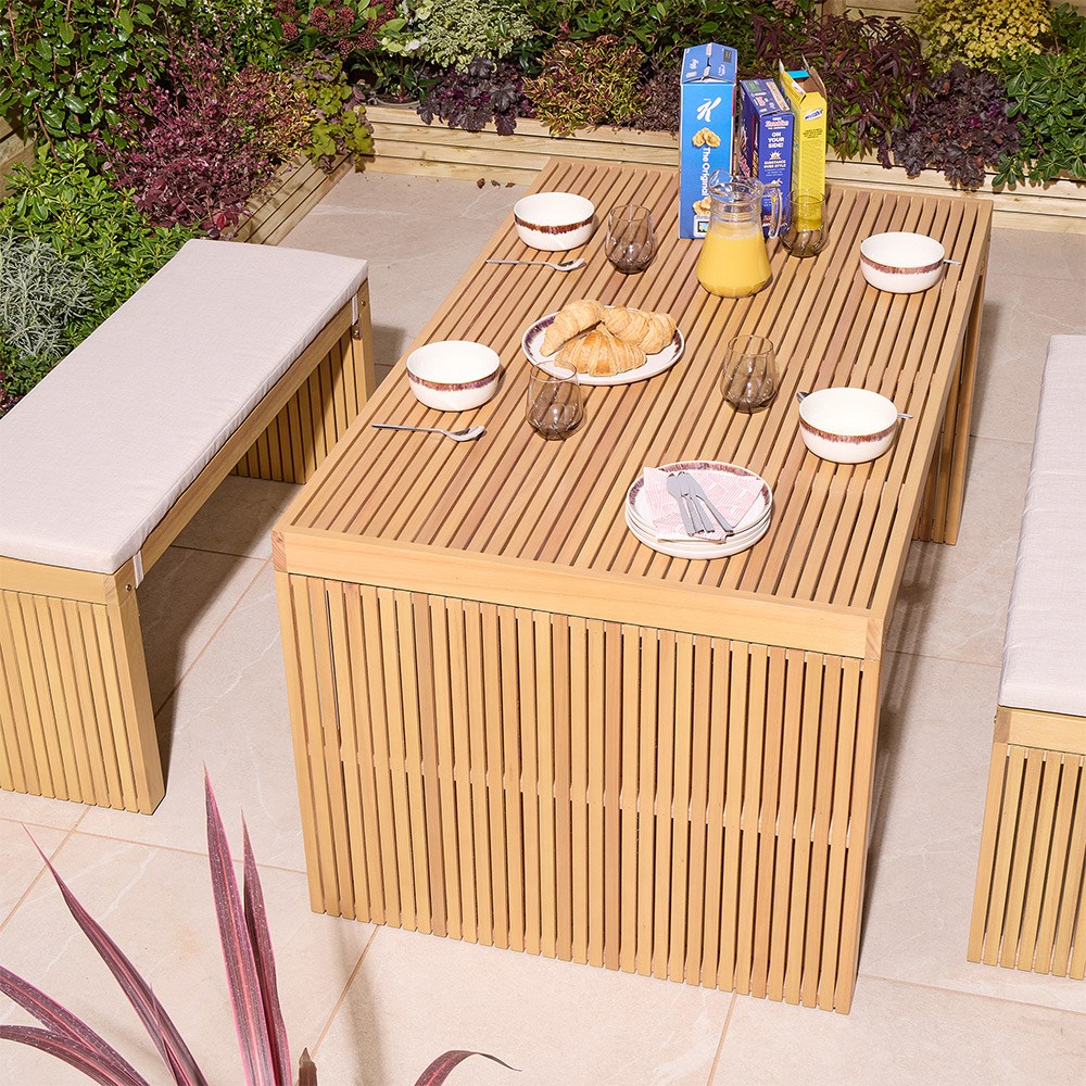 Kyoto Contemporary Wooden Dining Bench Set With Cushions