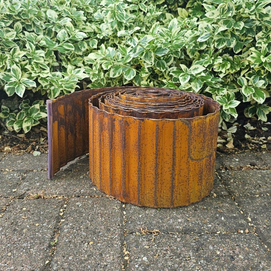 10m Corten Steel Lawn Edging Rolls - Corrugated - 16cm