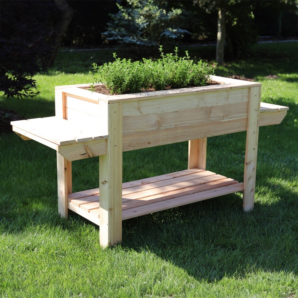 Ron Larch Wooden Planter With Side Shelves