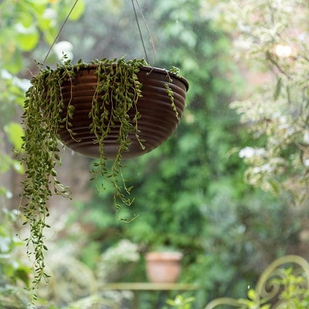 Hanging ribbed bowl and string of beads