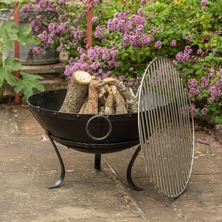 Small Indian fire pit bowl with stainless steel cooking grill