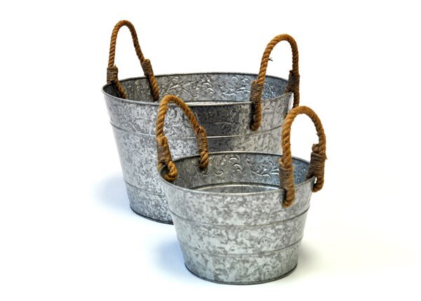 Galvanised metal planter with rope handles