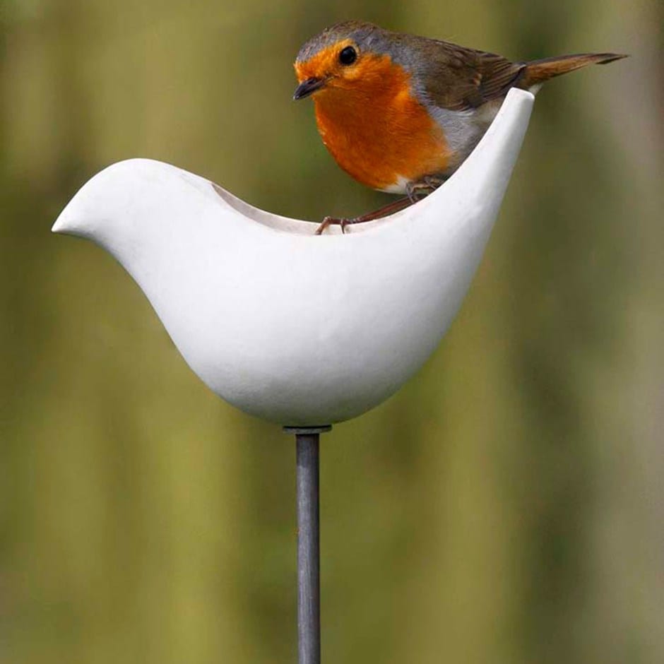 Ceramic bird feeder stake - white