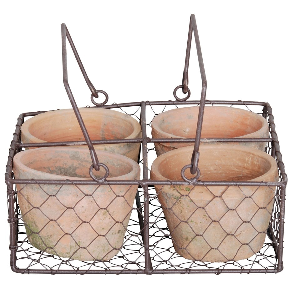 Aged terracotta pots - set of 4 with wire basket