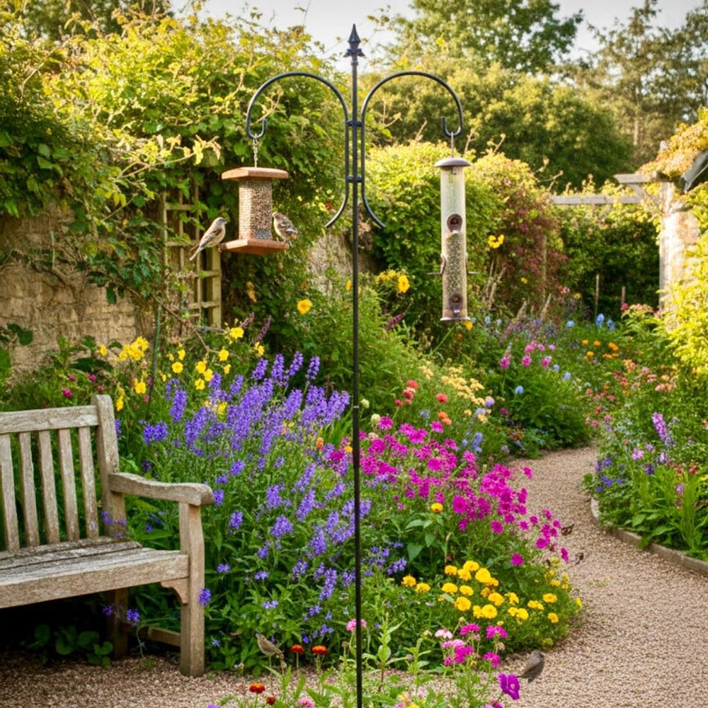 Double shepherd's hook bird feeding station - black