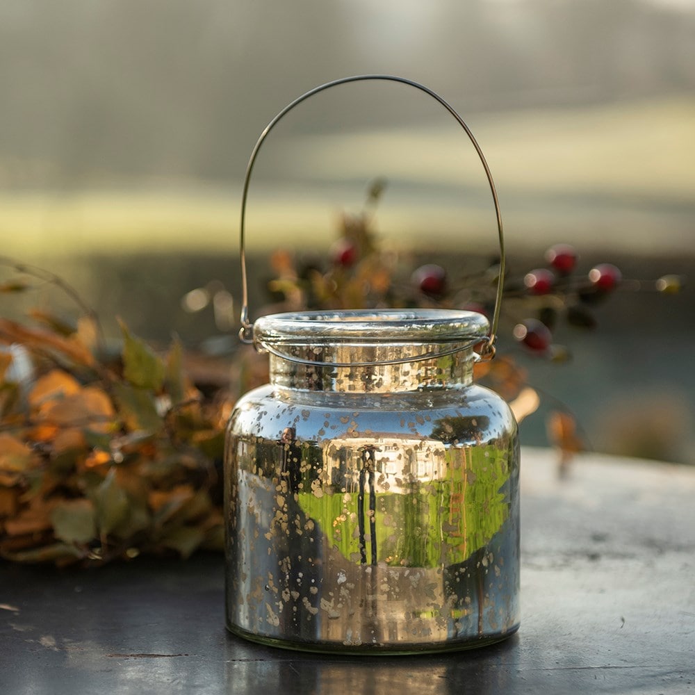 Mercury glass jar lantern