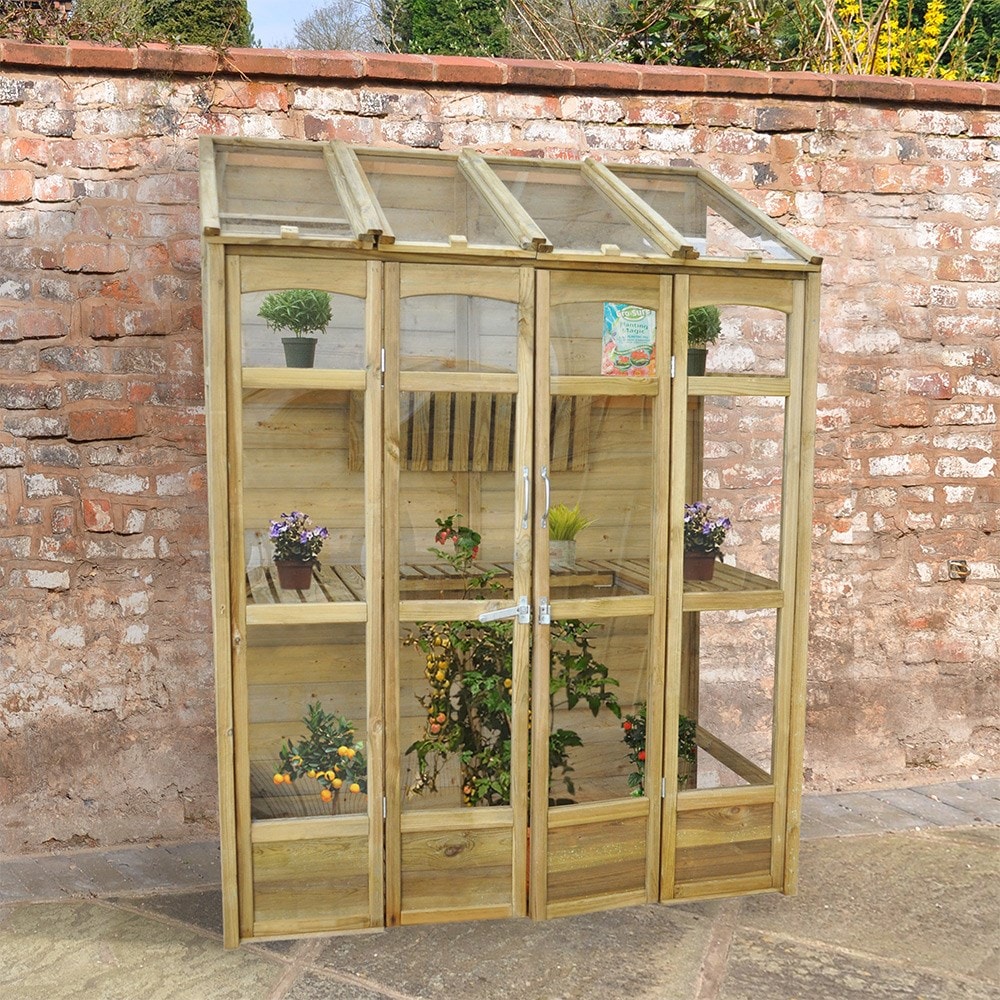 Victorian wooden tall wall greenhouse - natural