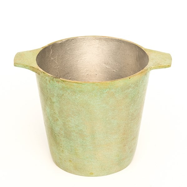 Cast aluminium pot cover with verdigris patina