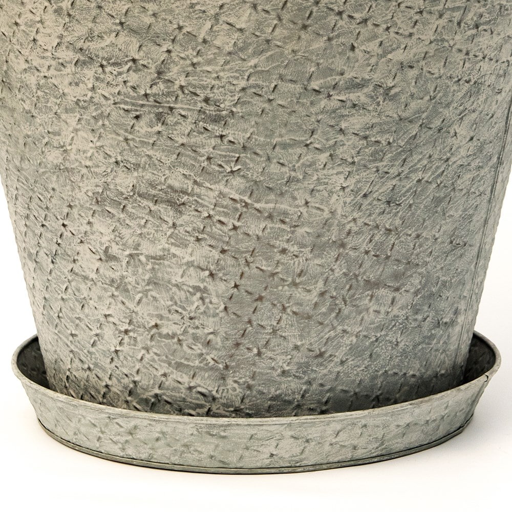 Round embossed galvanised metal pot tray - aged zinc