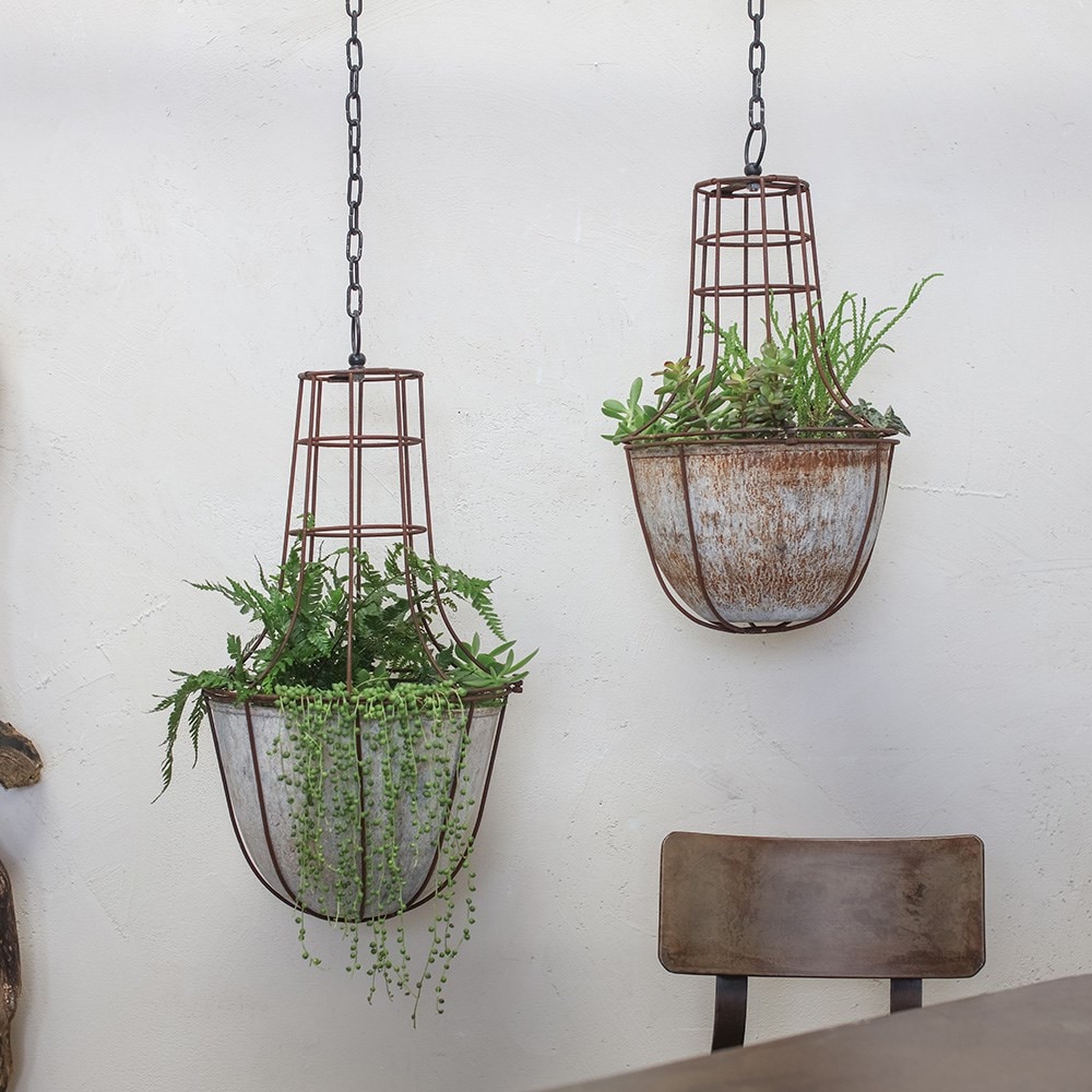 Rustic caged hanging planter