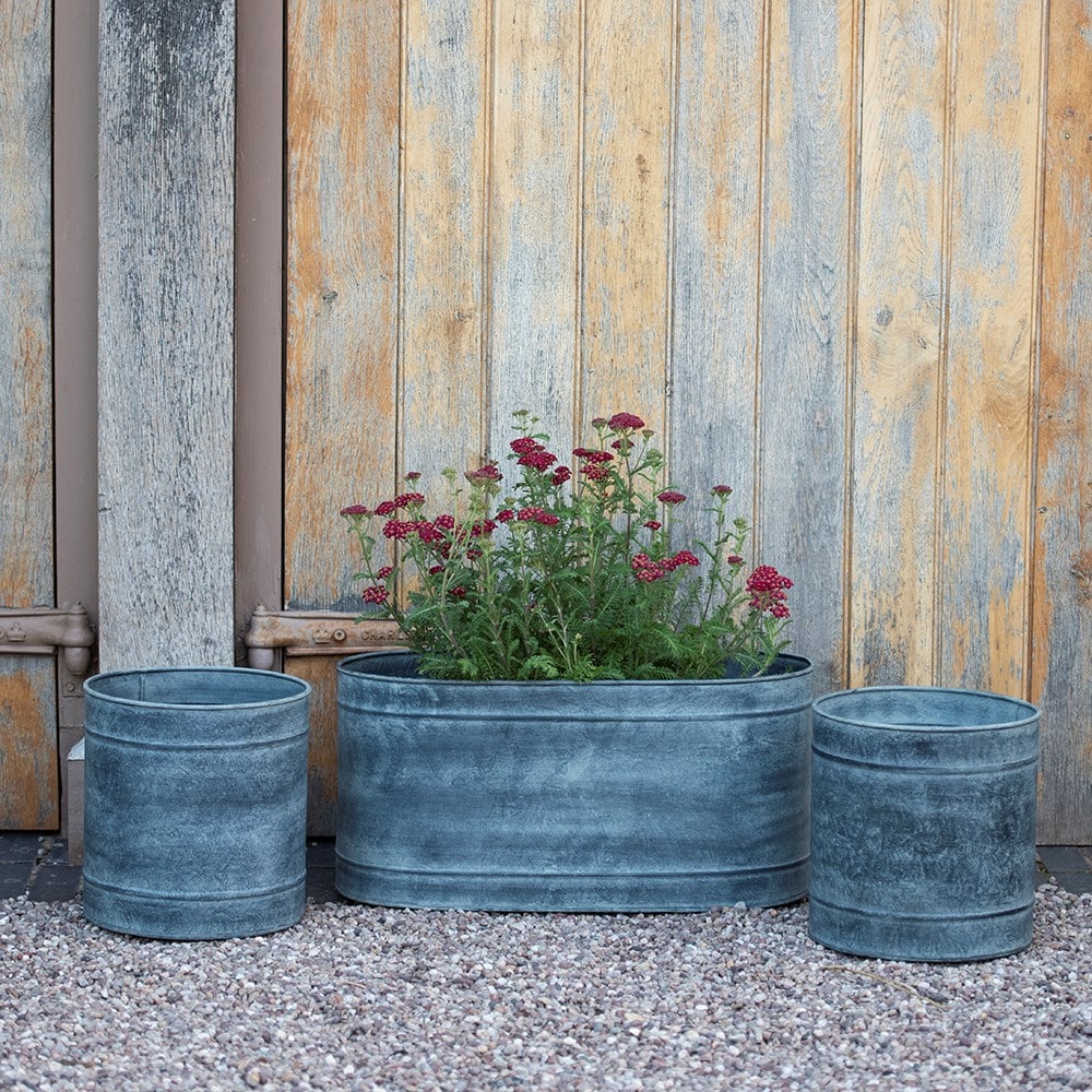 Galvanised metal planter and trough set - aged zinc