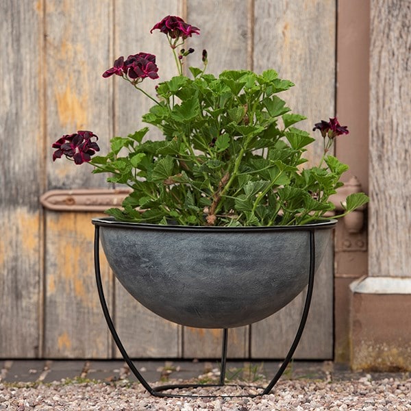 Aged zinc plant bowl and stand