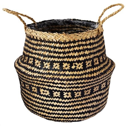 Seagrass tribal lined plant basket - black