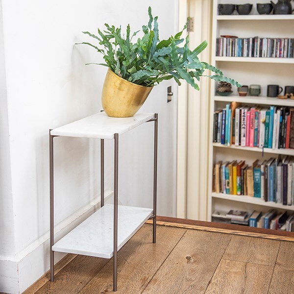 Marble side table with shelf and tilting pot cover
