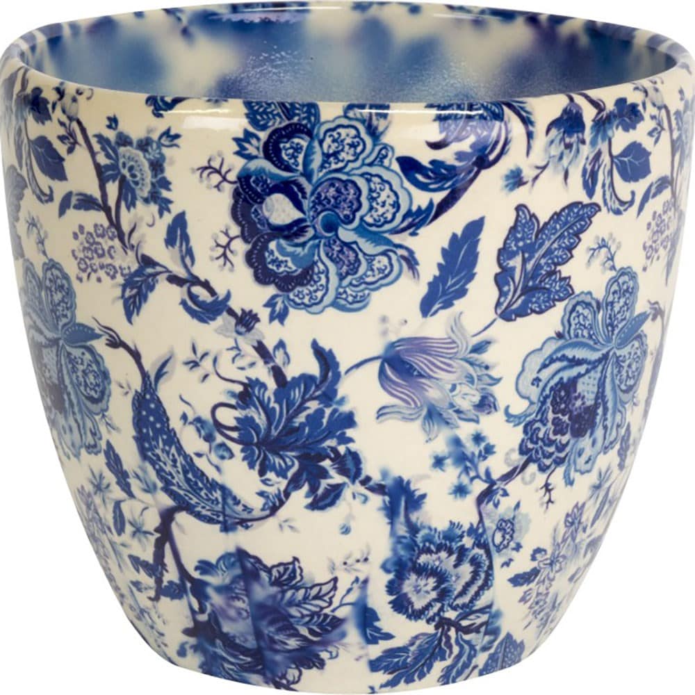 Vintage floral print plant pot - blue