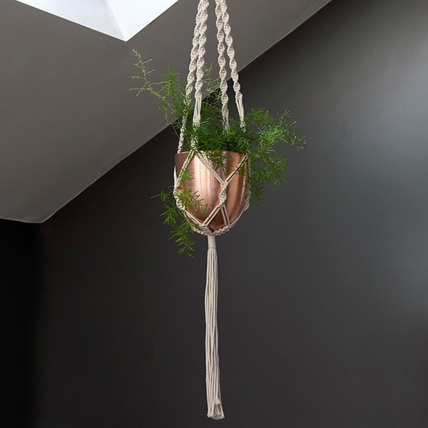 Macrame hanger with brushed copper pot