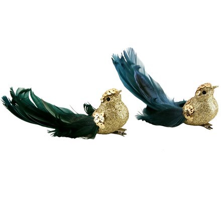Gold glitter bird with blue and green feathers clip