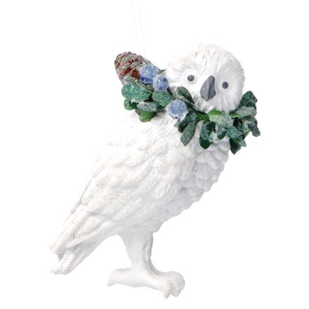 White resin owl with eucalyptus and blueberries