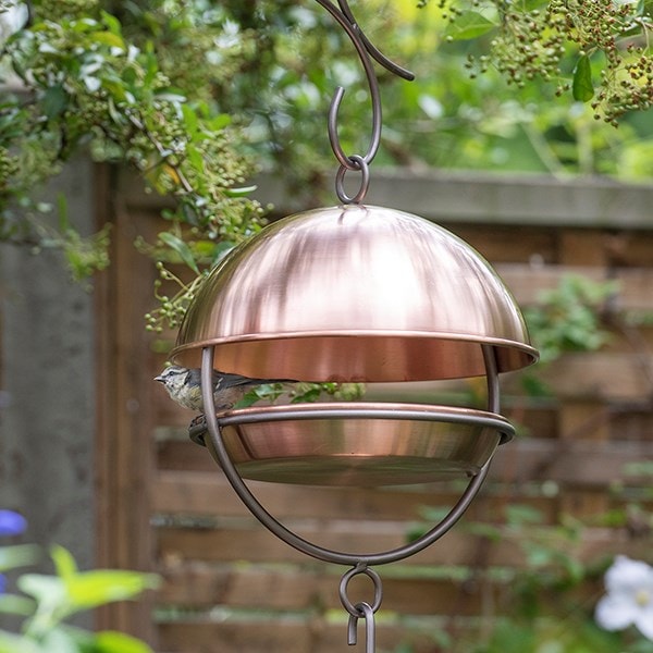 Brushed copper hanging bird feeding dome