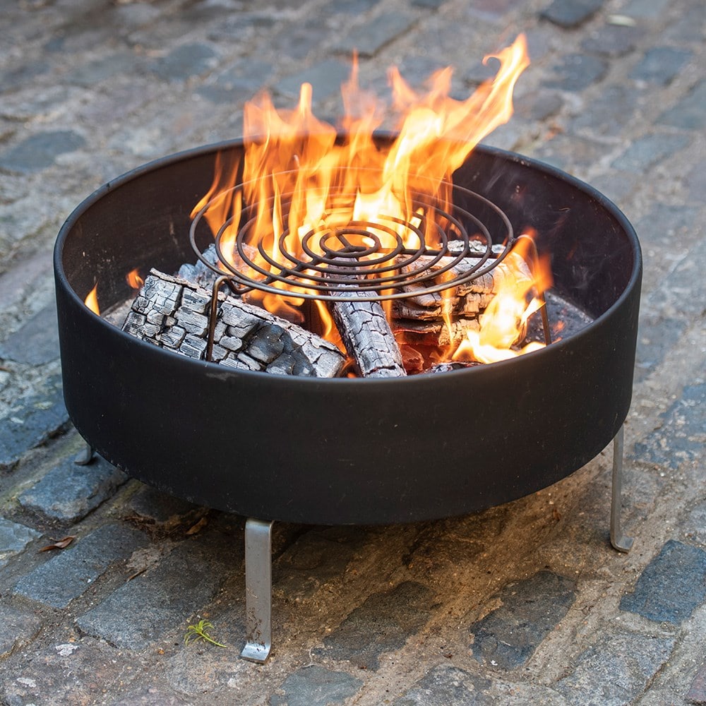 Fire pit with free standing cooking grill - black coated steel base