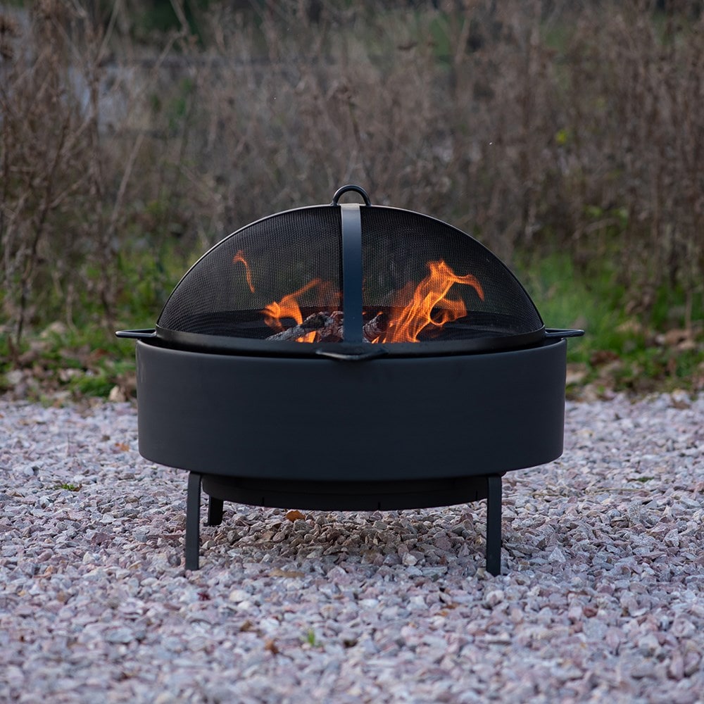 Fire pit with free standing cooking grill - black coated steel base