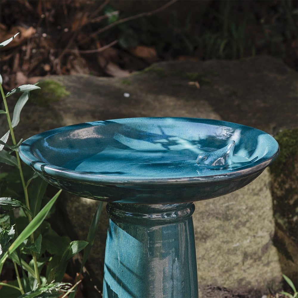 Ceramic bird bath on pedestal - blue