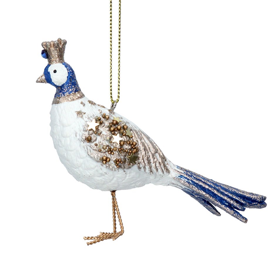 Cream/blue/gold resin pheasant decoration