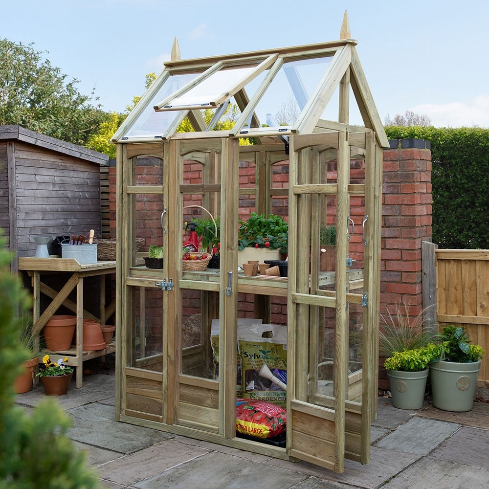 Victorian wooden walk around greenhouse with auto vent