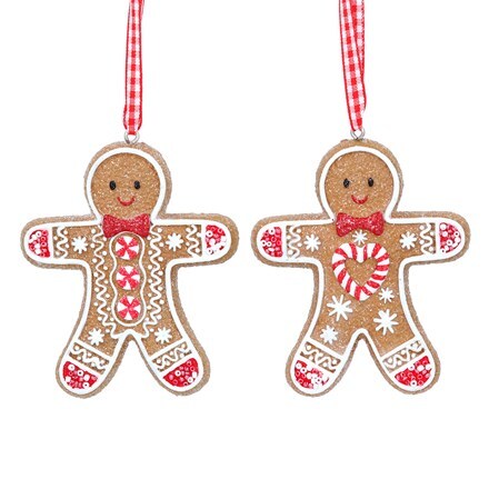 Resin gingerbread man decoration with gingham loop