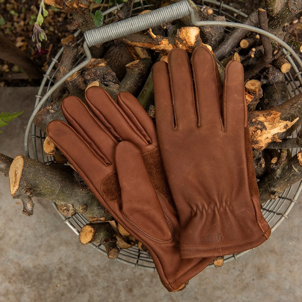 Leather gardening gloves lined - brown